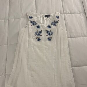 Luxology White Linen Dress with Blue Embroidery